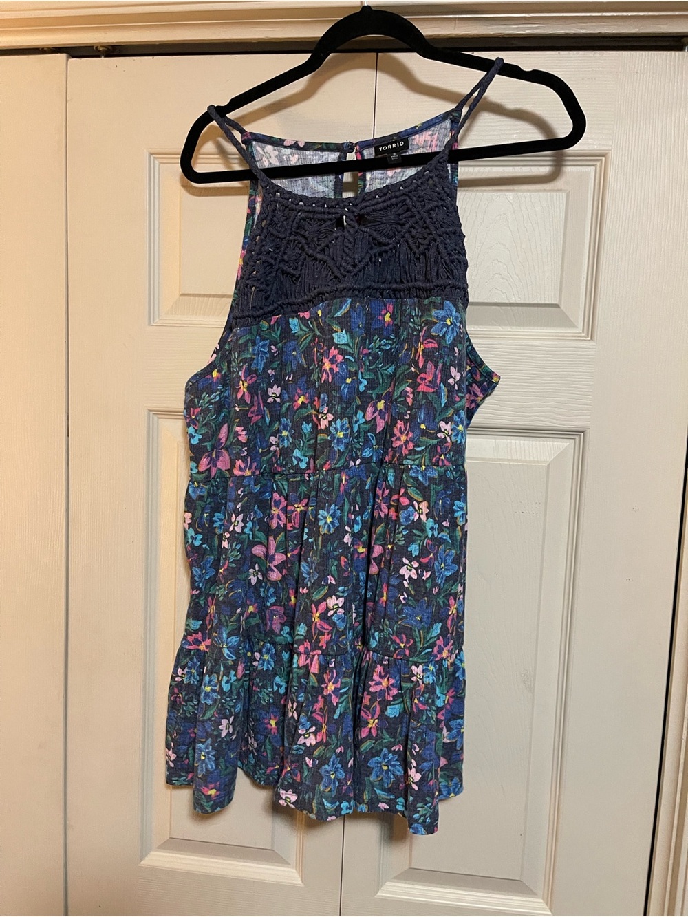 Knitted Yoke Floral Tank - Navy Blue with Multicolor Floral